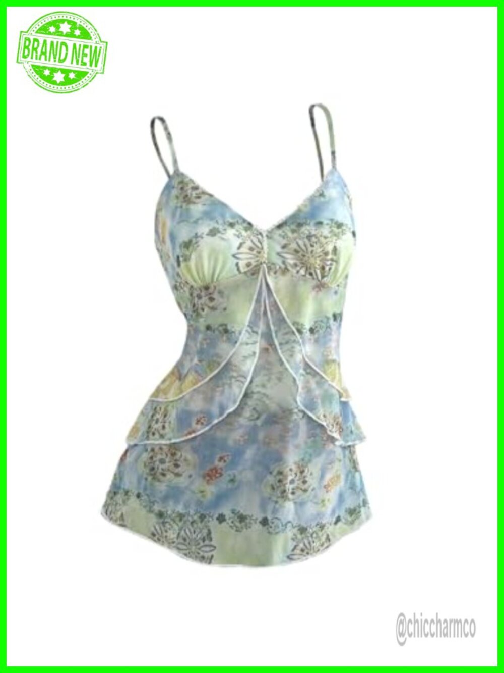 Womens Floral Mesh V-Neck Spaghetti Strap Ruffle Trim Crop Tank Top